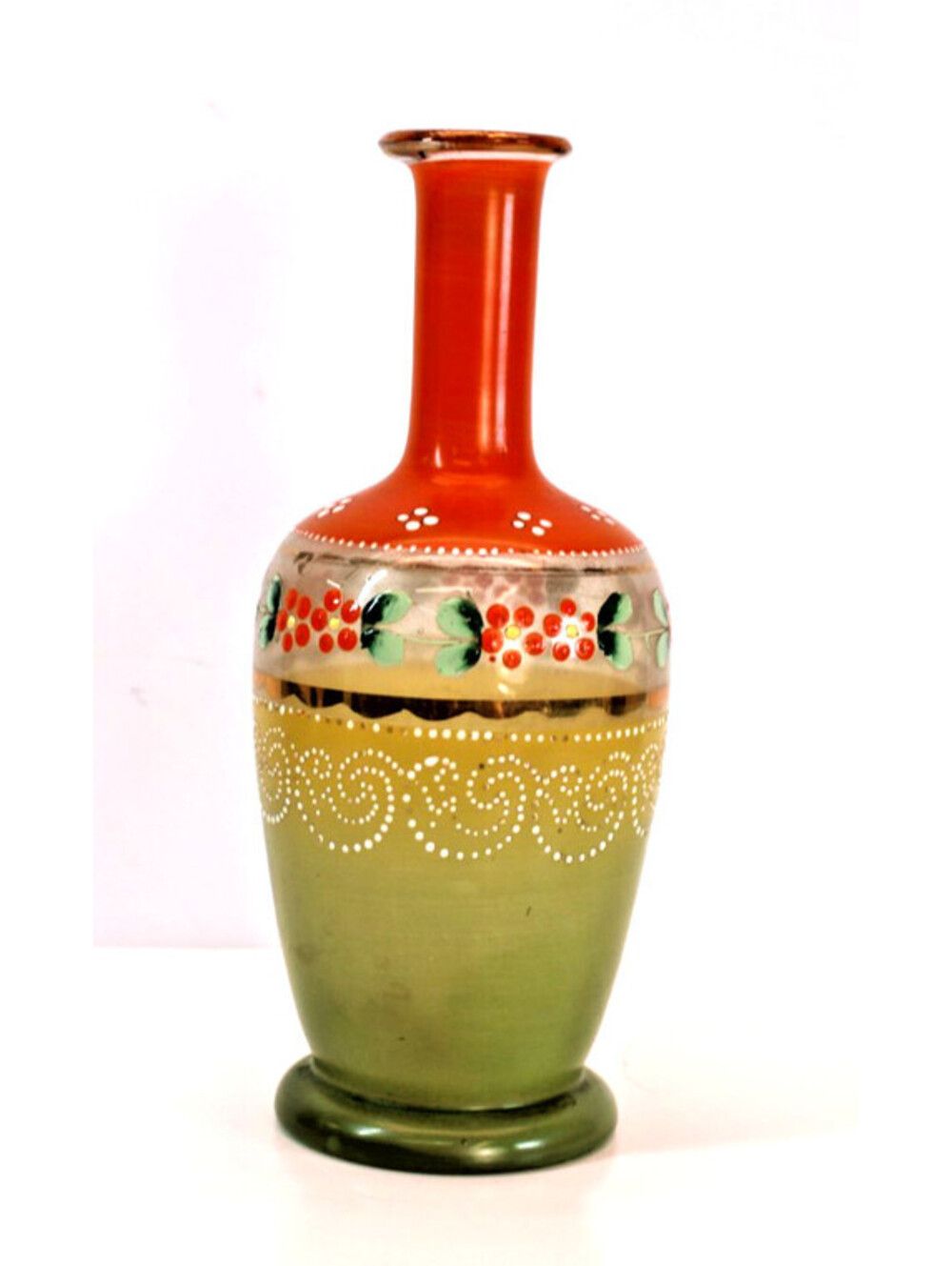 Vtg Boho Czech Hand Painted Glass Orange/Olive Petite Bud Vase Ornate Detail 7"